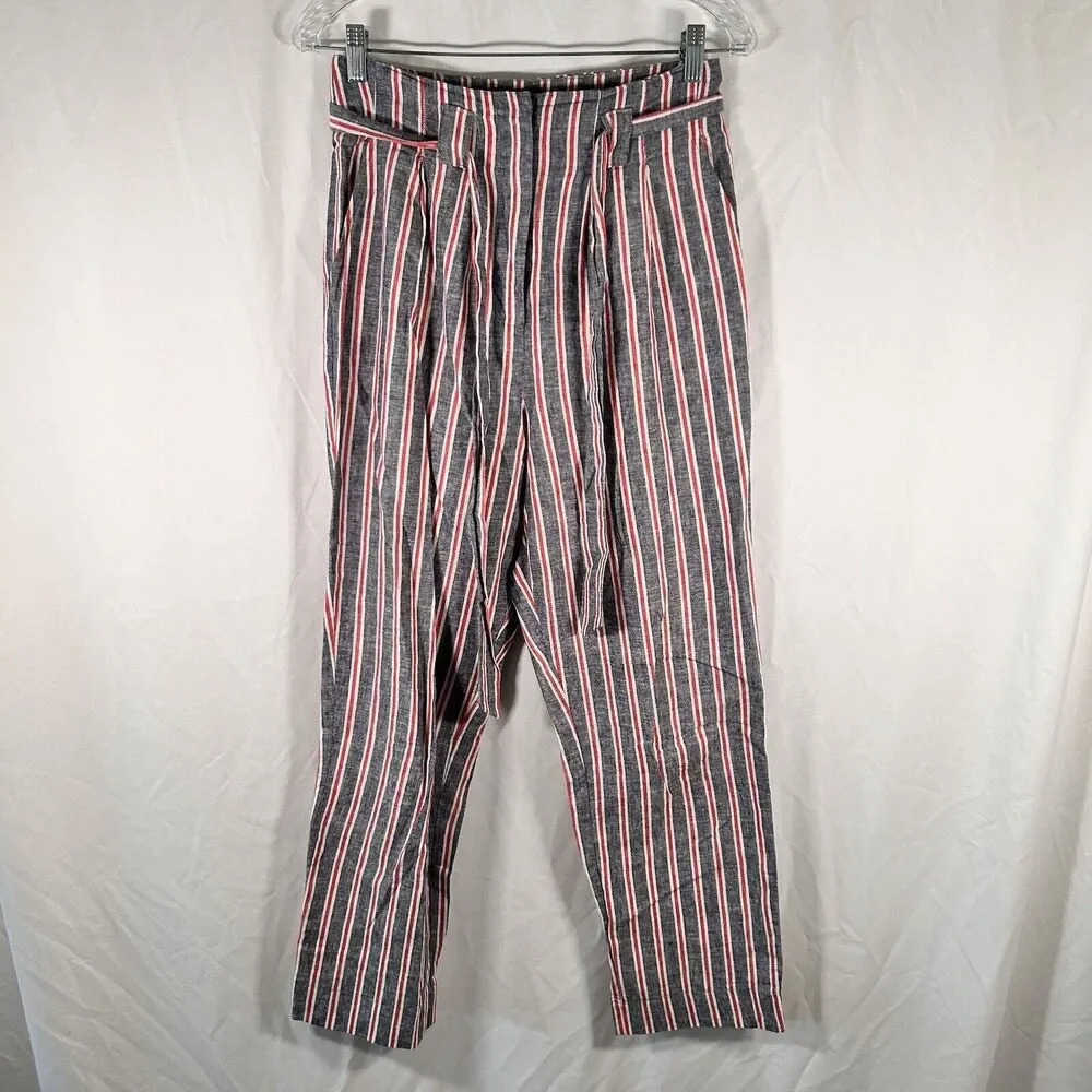 Topshop Pants Women's 6 Grey Red Striped Linen Blend Button Zip Tie High Rise